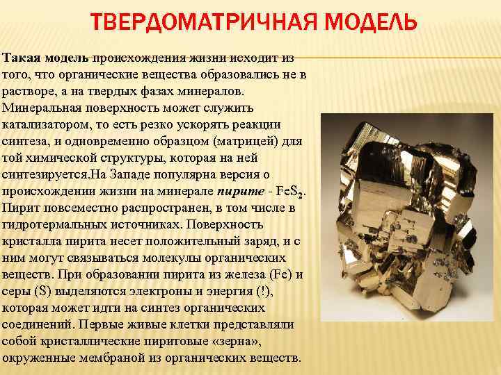 ТВЕРДОМАТРИЧНАЯ МОДЕЛЬ Такая модель происхождения жизни исходит из того, что органические вещества образовались не