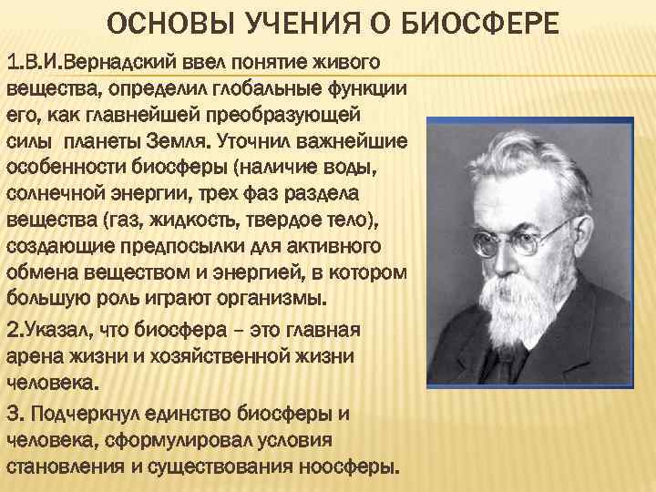 ОСНОВЫ УЧЕНИЯ О БИОСФЕРЕ 1. В. И. Вернадский ввел понятие живого вещества, определил глобальные