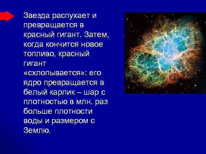 Звезда распухает и превращается в красный гигант. Затем, когда кончится новое топливо, красный гигант