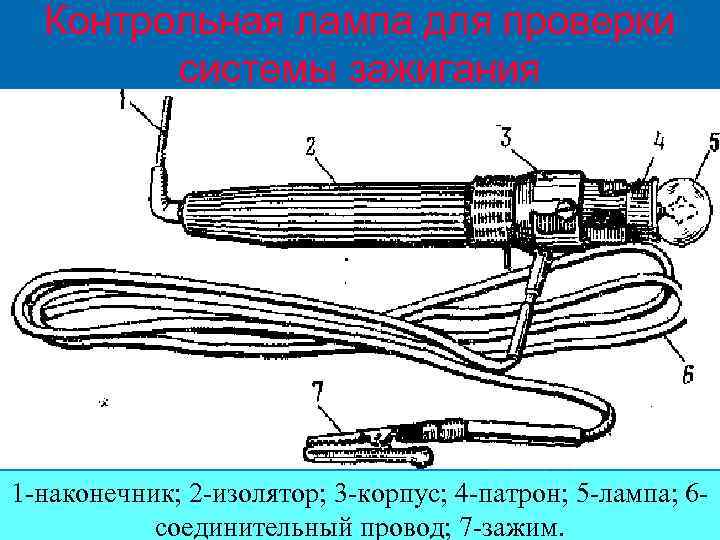 Контрольная лампа для проверки системы зажигания 1 -наконечник; 2 -изолятор; 3 -корпус; 4 -патрон;