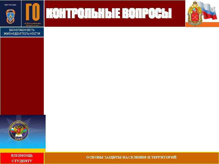 КОНТРОЛЬНЫЕ ВОПРОСЫ БЕЗОПАСНОСТЬ ЖИЗНЕДЕЯТЕЛЬНОСТИ В ПОМОЩЬ СТУДЕНТУ ОСНОВЫ ЗАЩИТЫ НАСЕЛЕНИЯ И ТЕРРИТОРИЙ 