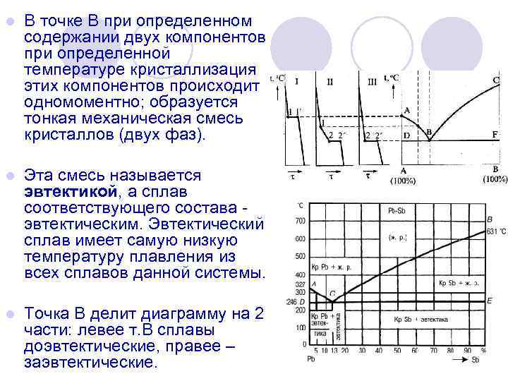 l В точке В при определенном содержании двух компонентов при определенной температуре кристаллизация этих