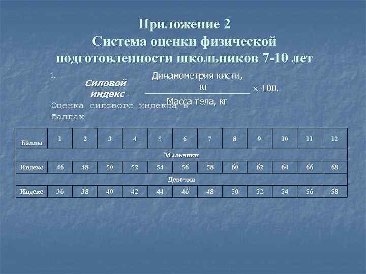 Приложение 2 Система оценки физической подготовленности школьников 7 -10 лет 1. Силовой индекс =