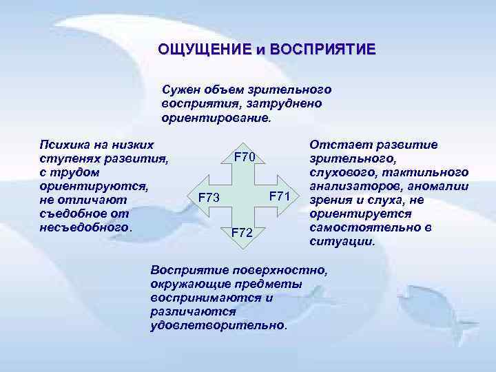 ОЩУЩЕНИЕ и ВОСПРИЯТИЕ Сужен объем зрительного восприятия, затруднено ориентирование. Психика на низких ступенях развития,