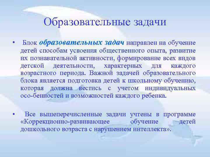 Образовательные задачи • Блок образовательных задач направлен на обучение детей способам усвоения общественного опыта,