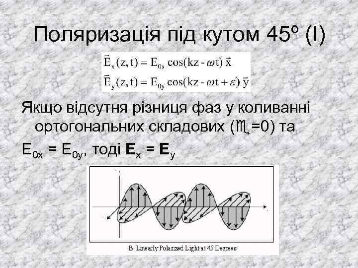 Поляризація під кутом 45º (I) Якщо відсутня різниця фаз у коливанні ортогональних складових (