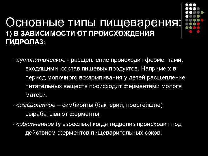 Основные типы пищеварения: 1) В ЗАВИСИМОСТИ ОТ ПРОИСХОЖДЕНИЯ ГИДРОЛАЗ: аутолитическое расщепление происходит ферментами, входящими