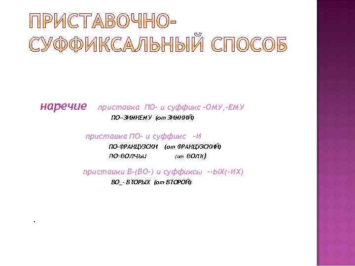 наречие приставка ПО- и суффикс –ОМУ, -ЕМУ ПО—ЗИМНЕМУ (от ЗИМНИЙ) приставка ПО- и суффикс