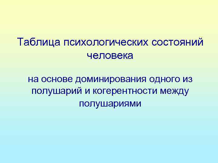 Таблица психологических состояний человека на основе доминирования одного из полушарий и когерентности между полушариями