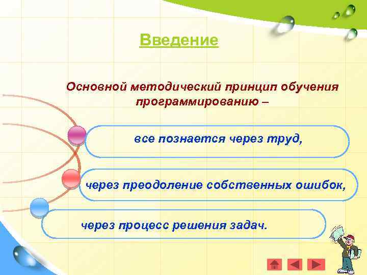Введение Основной методический принцип обучения программированию – все познается через труд, . через преодоление
