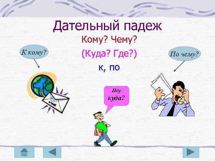Дательный падеж К кому? Кому? Чему? (Куда? Где? ) к, по Иду куда? По