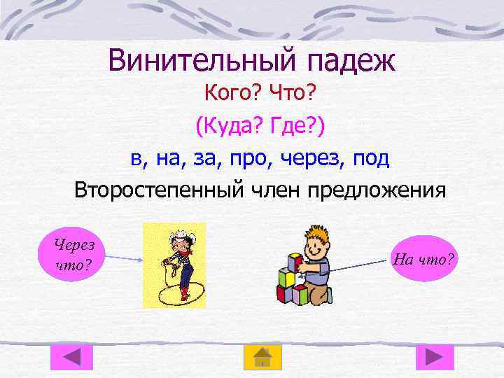 Винительный падеж Кого? Что? (Куда? Где? ) в, на, за, про, через, под Второстепенный