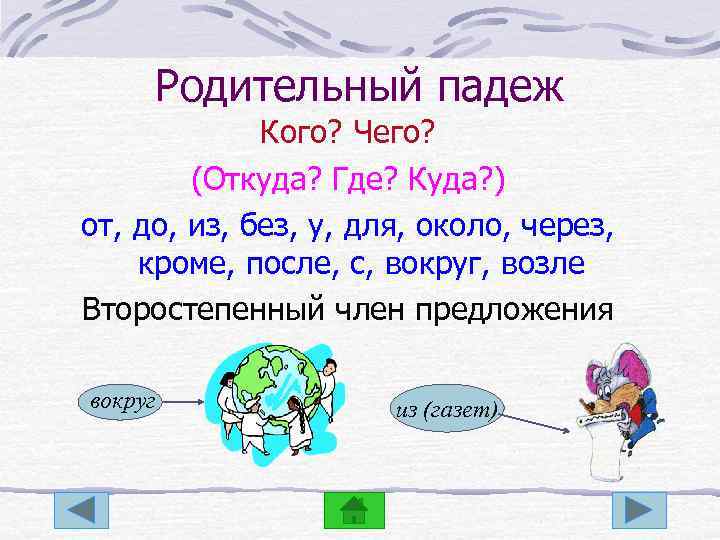 Родительный падеж Кого? Чего? (Откуда? Где? Куда? ) от, до, из, без, у, для,