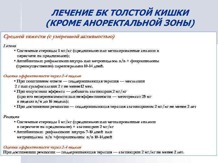 ЛЕЧЕНИЕ БК ТОЛСТОЙ КИШКИ (КРОМЕ АНОРЕКТАЛЬНОЙ ЗОНЫ) Средней тяжести (с умеренной активностью) 1 атака