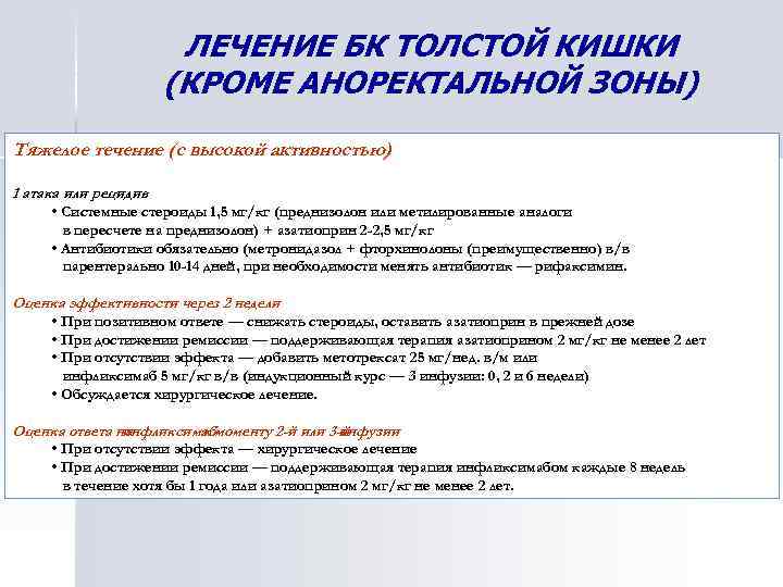 ЛЕЧЕНИЕ БК ТОЛСТОЙ КИШКИ (КРОМЕ АНОРЕКТАЛЬНОЙ ЗОНЫ) Тяжелое течение (с высокой активностью) 1 атака
