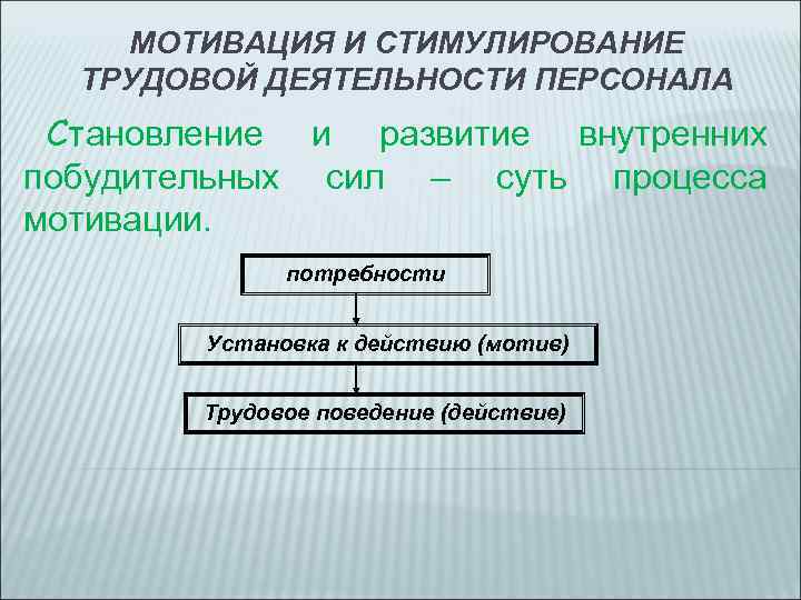 МОТИВАЦИЯ И СТИМУЛИРОВАНИЕ ТРУДОВОЙ ДЕЯТЕЛЬНОСТИ ПЕРСОНАЛА Становление и развитие внутренних побудительных сил – суть