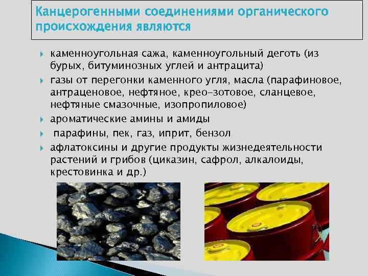 Канцерогенными соединениями органического происхождения являются каменноугольная сажа, каменноугольный деготь (из бурых, битуминозных углей и