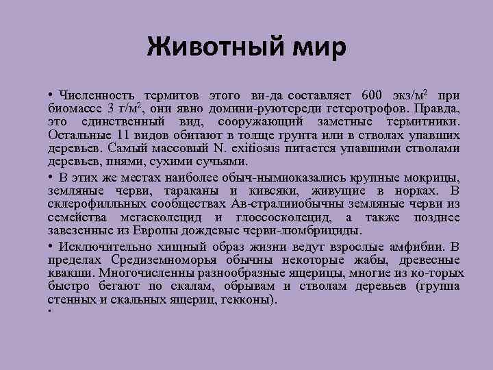 Животный мир • Численность термитов этого ви да составляет 600 экз/м 2 при биомассе
