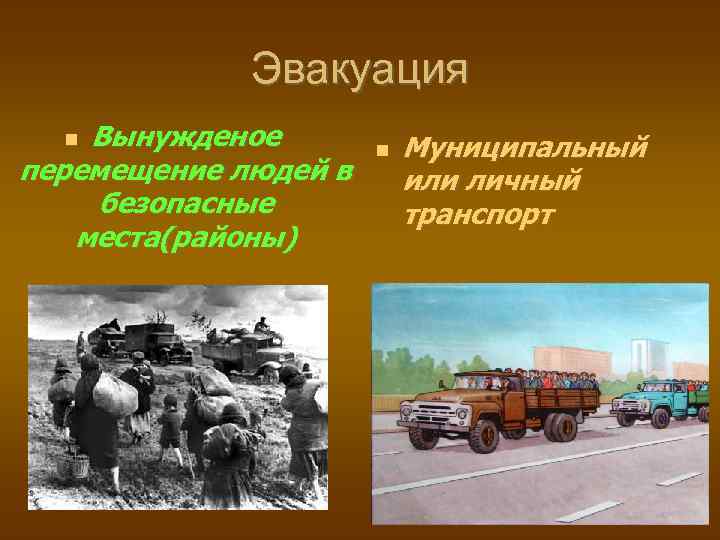 Эвакуация Вынужденое перемещение людей в безопасные места(районы) Муниципальный или личный транспорт 