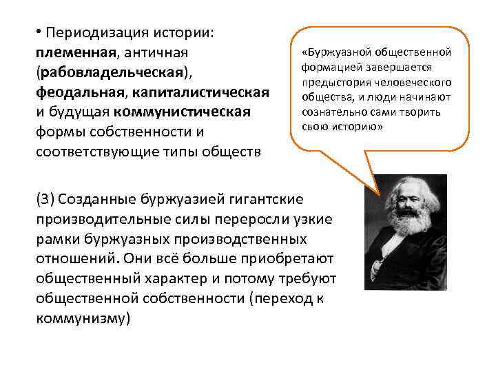  • Периодизация истории: племенная, античная (рабовладельческая), феодальная, капиталистическая и будущая коммунистическая формы собственности