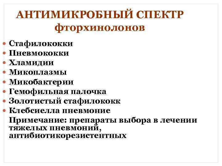 АНТИМИКРОБНЫЙ СПЕКТР фторхинолонов Стафилококки Пневмококки Хламидии Микоплазмы Микобактерии Гемофильная палочка Золотистый стафилококк Клебсиелла пневмоние