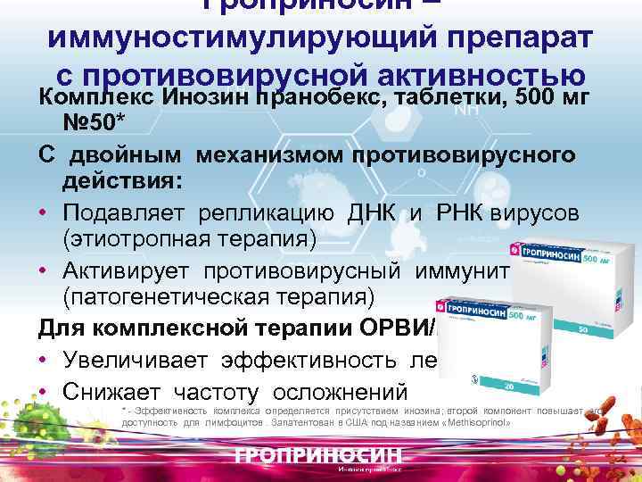 Гроприносин – иммуностимулирующий препарат с противовирусной активностью Комплекс Инозин пранобекс, таблетки, 500 мг №