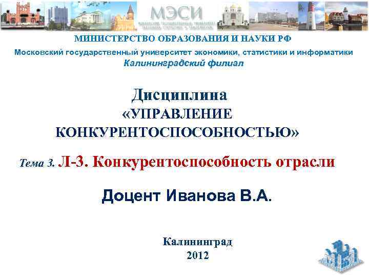МИНИСТЕРСТВО ОБРАЗОВАНИЯ И НАУКИ РФ Московский государственный университет экономики, статистики и информатики Калининградский филиал
