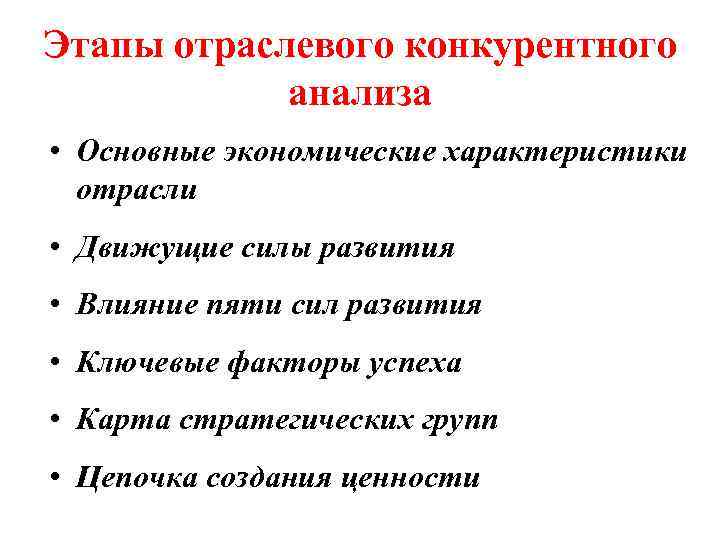 Этапы отраслевого конкурентного анализа • Основные экономические характеристики отрасли • Движущие силы развития •