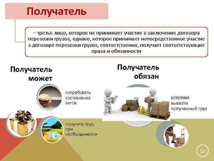 Получатель – третье лицо, которое не принимает участие в заключение договора перевозки грузов, однако,