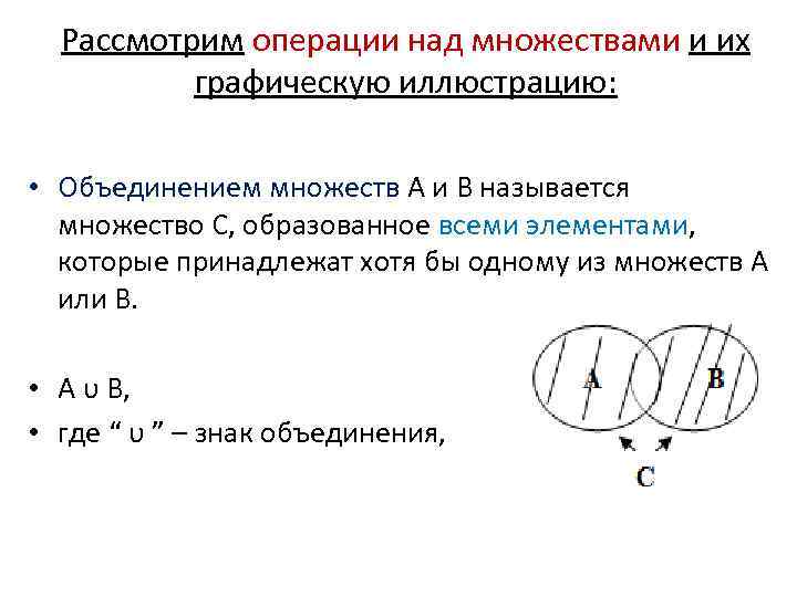 Рассмотрим операции над множествами и их графическую иллюстрацию: • Объединением множеств А и В