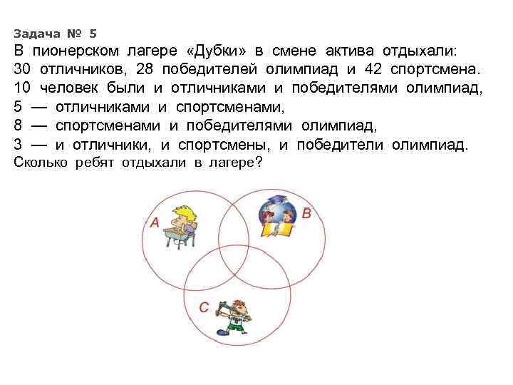 Задача № 5 В пионерском лагере «Дубки» в смене актива отдыхали: 30 отличников, 28
