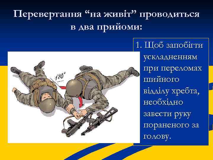 Перевертання “на живіт” проводиться в два прийоми: 1. Щоб запобігти ускладненням при переломах шийного