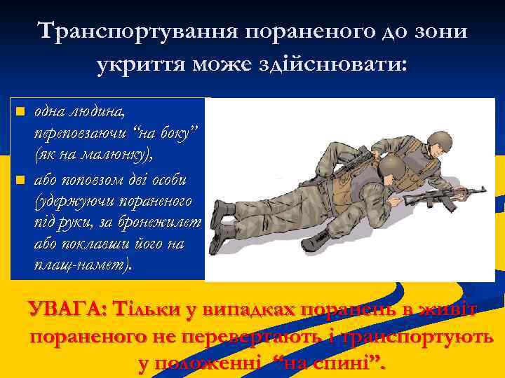 Транспортування пораненого до зони укриття може здійснювати: n n одна людина, переповзаючи “на боку”