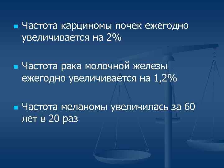 n n n Частота карциномы почек ежегодно увеличивается на 2% Частота рака молочной железы