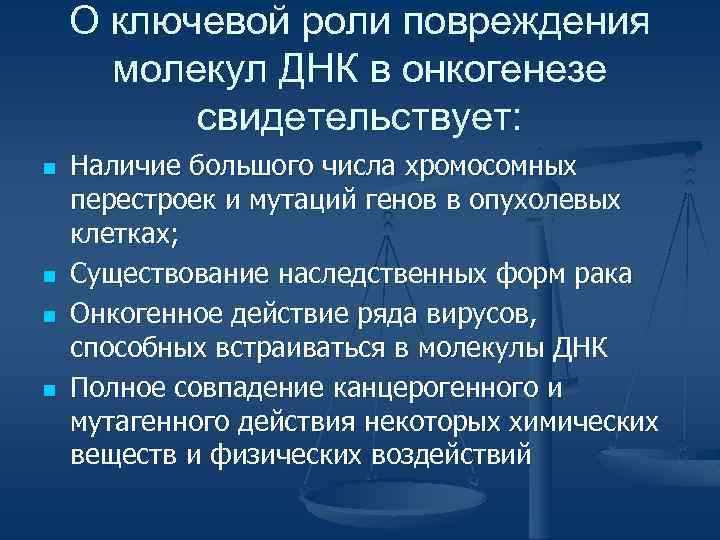 О ключевой роли повреждения молекул ДНК в онкогенезе свидетельствует: n n Наличие большого числа