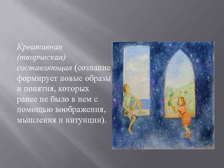 Креативная (творческая) составляющая (сознание формирует новые образы и понятия, которых ранее не было в