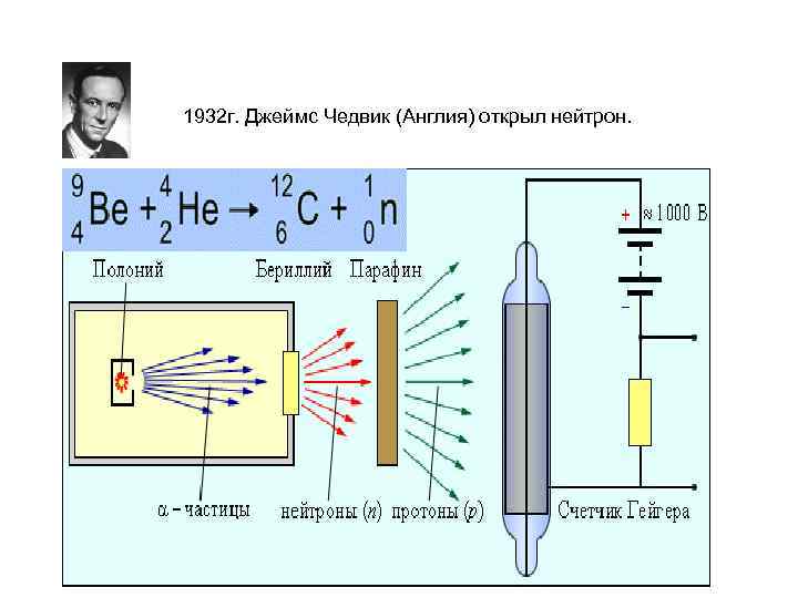 1932 г. Джеймс Чедвик (Англия) открыл нейтрон. 