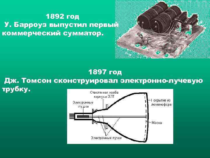 1892 год У. Барроуз выпустил первый коммерческий сумматор. 1897 год Дж. Томсон сконструировал электронно