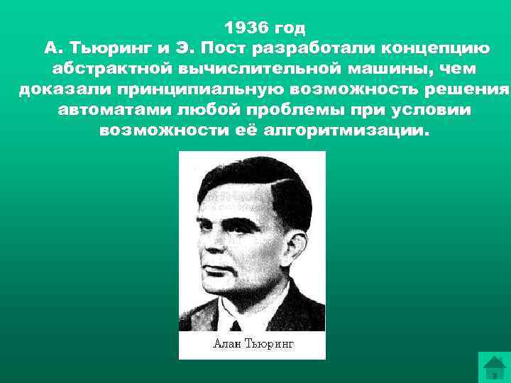 1936 год А. Тьюринг и Э. Пост разработали концепцию абстрактной вычислительной машины, чем доказали