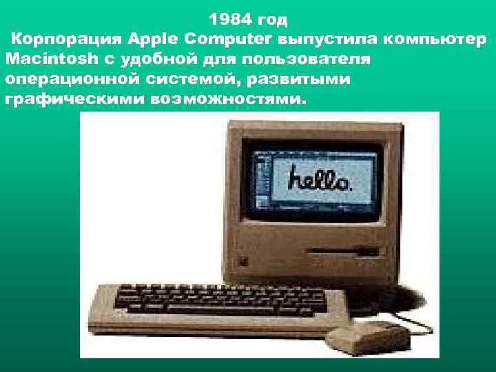 1984 год Корпорация Apple Computer выпустила компьютер Macintosh c удобной для пользователя операционной системой,