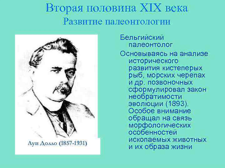Вторая половина XIX века Развитие палеонтологии Луи Долло (1857 -1931) Бельгийский палеонтолог Основываясь на