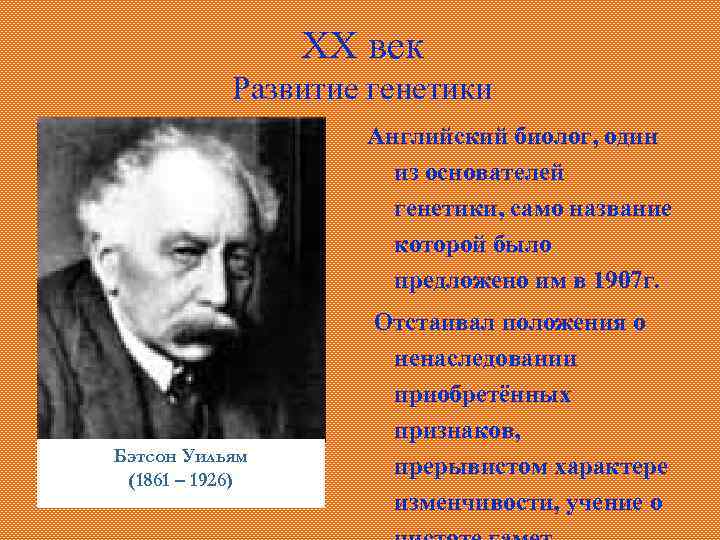 XX век Развитие генетики Английский биолог, один из основателей генетики, само название которой было