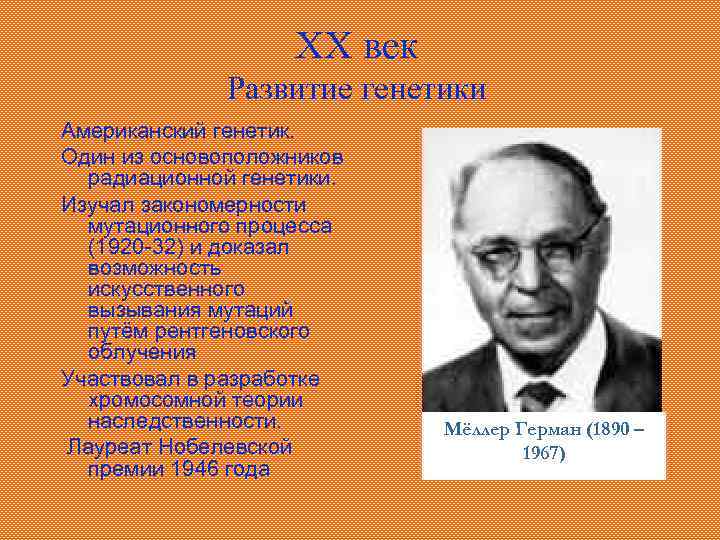 XX век Развитие генетики Американский генетик. Один из основоположников радиационной генетики. Изучал закономерности мутационного