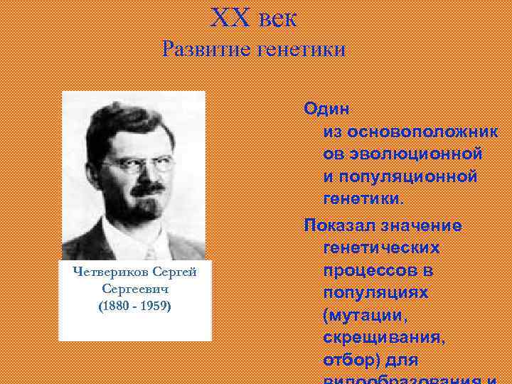 XX век Развитие генетики Четвериков Сергей Сергеевич (1880 - 1959) Один из основоположник ов