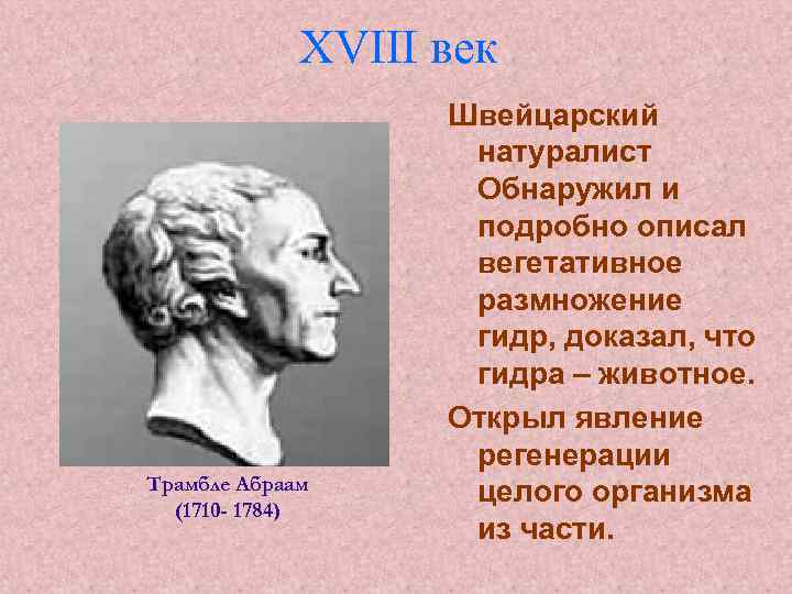 XVIII век Трамбле Абраам (1710 - 1784) Швейцарский натуралист Обнаружил и подробно описал вегетативное