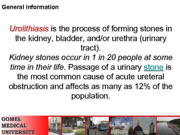 General information Urolithiasis is the process of forming stones in the kidney, bladder, and/or