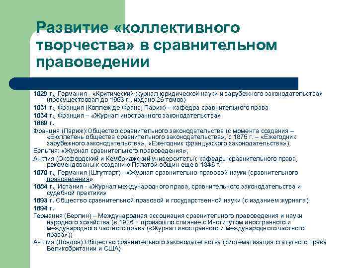 Развитие «коллективного творчества» в сравнительном правоведении 1829 г. , Германия - «Критический журнал юридической