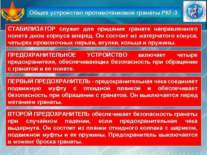 Общее устройство противотанковой гранаты РКГ-3 СТАБИЛИЗАТОР служит для придания гранате направленного полета дном корпуса