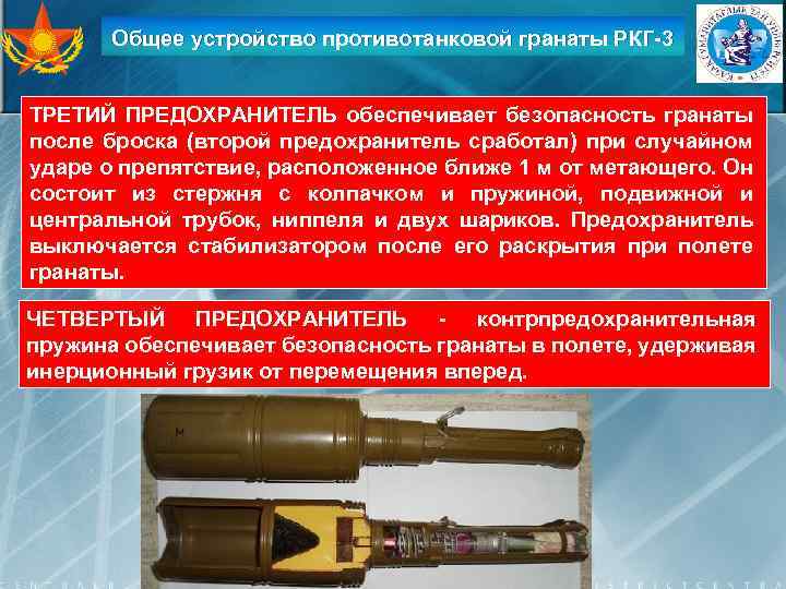Общее устройство противотанковой гранаты РКГ-3 ТРЕТИЙ ПРЕДОХРАНИТЕЛЬ обеспечивает безопасность гранаты после броска (второй предохранитель