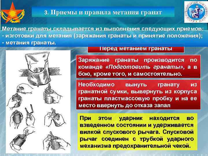 3. Приемы и правила метания гранат Метание гранаты складывается из выполнения следующих приемов: -